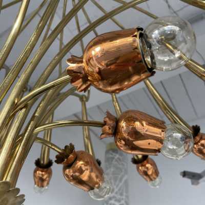 chandelier suspension brass flowers copper italy 1950 1960
