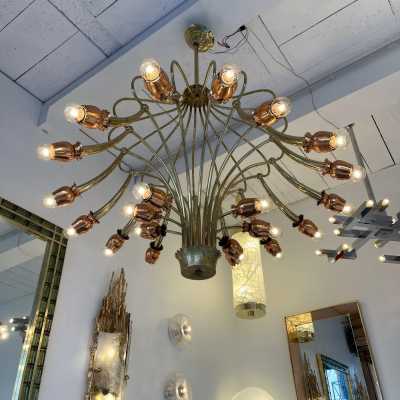 chandelier suspension brass flowers copper italy 1950 1960