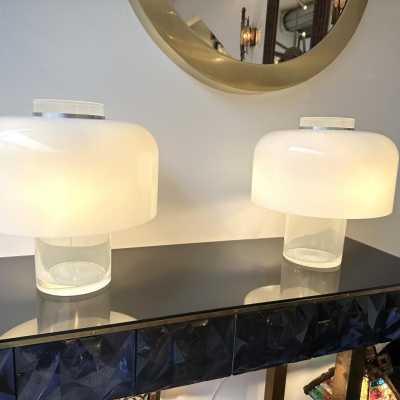 Pair of table lamps or illuminating vase model LT226 in Murano glass and metal by Carlo Nason for Mazzega. Italy 1970. in the style of Venini, Vistosi, La Murrina, Seguso, Aldo Nason, Poliarte, Esperia, Angelo Brotto, Stilnovo, Arteluce, Arredoluce, Artemide, Pierre Cardin, Lumi, Luci, Raak, Angelo Lelii, Francesco Bocola, Superstudio , Enrico Tronconi, Mario Bellini, Harvey Guzzini, Luigi Massoni, Martinelli, Fabio Lenci, Gio Ponti. floor lamp chandelier sconces mid-century modern space age brass
