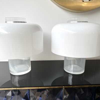 Pair of table lamps or illuminating vase model LT226 in Murano glass and metal by Carlo Nason for Mazzega. Italy 1970. in the style of Venini, Vistosi, La Murrina, Seguso, Aldo Nason, Poliarte, Esperia, Angelo Brotto, Stilnovo, Arteluce, Arredoluce, Artemide, Pierre Cardin, Lumi, Luci, Raak, Angelo Lelii, Francesco Bocola, Superstudio , Enrico Tronconi, Mario Bellini, Harvey Guzzini, Luigi Massoni, Martinelli, Fabio Lenci, Gio Ponti. floor lamp chandelier sconces mid-century modern space age brass