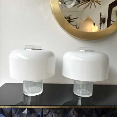 Pair of table lamps or illuminating vase model LT226 in Murano glass and metal by Carlo Nason for Mazzega. Italy 1970. in the style of Venini, Vistosi, La Murrina, Seguso, Aldo Nason, Poliarte, Esperia, Angelo Brotto, Stilnovo, Arteluce, Arredoluce, Artemide, Pierre Cardin, Lumi, Luci, Raak, Angelo Lelii, Francesco Bocola, Superstudio , Enrico Tronconi, Mario Bellini, Harvey Guzzini, Luigi Massoni, Martinelli, Fabio Lenci, Gio Ponti. floor lamp chandelier sconces mid-century modern space age brass