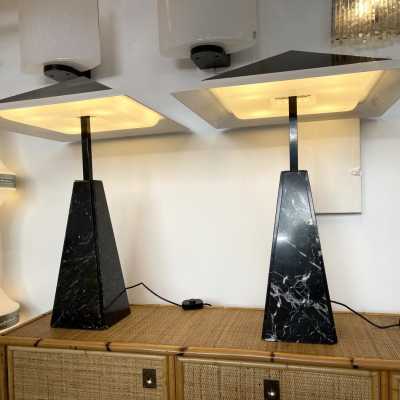 Large pair of lamps in marble and lampshades in lacquered metal and white methacrylate by Cini Boeri for Tranconi. Italy 1970. floor lamp chandelier Reggiani, Sciolari, Francesco Buzzi Ceriani, Stilnovo, Angelo Brotto for Esperia, Aldo Carlo Nason for Mazzega, Venini, Vistosi, La Murrina, Toni Zuccheri, Fontana Arte, Artemide, Arteluce, Arredoluce, Luigi Caccia Dominioni.