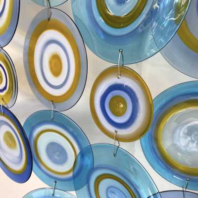 rare Large Artistic Murano Glass Disc Corner Sconce by Gianmaria Potenza for La Murrina. Italy 1970. Potenza is the founder of the La Murrina factory, one of the great master glassmakers of Murano. in the style of Vistosi, Venini, Mazzega, Poliarte, Aldo Carlo Nason, Toni Zuccheri, Cenedese, Veronese. sconces floor lamp chandelier mid-century 1960 1980 1990 brass