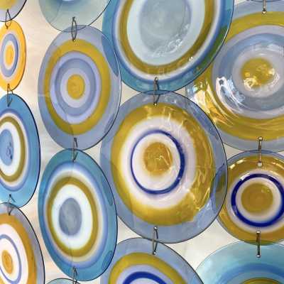 rare Large Artistic Murano Glass Disc Corner Sconce by Gianmaria Potenza for La Murrina. Italy 1970. Potenza is the founder of the La Murrina factory, one of the great master glassmakers of Murano. in the style of Vistosi, Venini, Mazzega, Poliarte, Aldo Carlo Nason, Toni Zuccheri, Cenedese, Veronese. sconces floor lamp chandelier mid-century 1960 1980 1990 brass