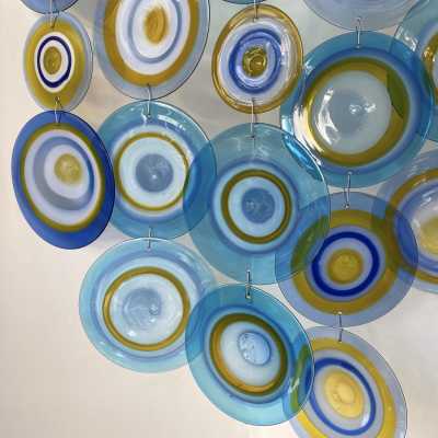 rare Large Artistic Murano Glass Disc Corner Sconce by Gianmaria Potenza for La Murrina. Italy 1970. Potenza is the founder of the La Murrina factory, one of the great master glassmakers of Murano. in the style of Vistosi, Venini, Mazzega, Poliarte, Aldo Carlo Nason, Toni Zuccheri, Cenedese, Veronese. sconces floor lamp chandelier mid-century 1960 1980 1990 brass