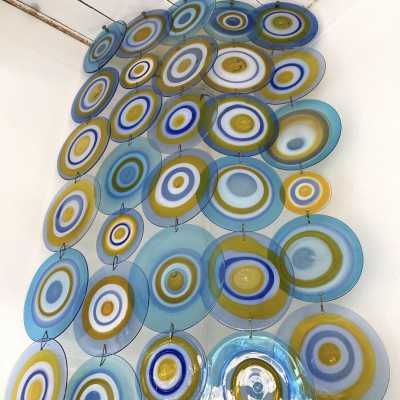 rare Large Artistic Murano Glass Disc Corner Sconce by Gianmaria Potenza for La Murrina. Italy 1970. Potenza is the founder of the La Murrina factory, one of the great master glassmakers of Murano. in the style of Vistosi, Venini, Mazzega, Poliarte, Aldo Carlo Nason, Toni Zuccheri, Cenedese, Veronese. sconces floor lamp chandelier mid-century 1960 1980 1990 brass