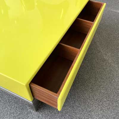 Coffee table with drawers in yellow lacquered wood and silver nickel-plated brass by Guy Lefèvre. France 1970 maison jansen willy rizzo mario sabot stainless steel chromed metal side tables