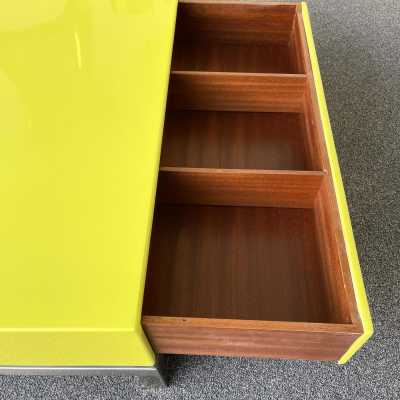 Coffee table with drawers in yellow lacquered wood and silver nickel-plated brass by Guy Lefèvre. France 1970 maison jansen willy rizzo mario sabot stainless steel chromed metal side tables