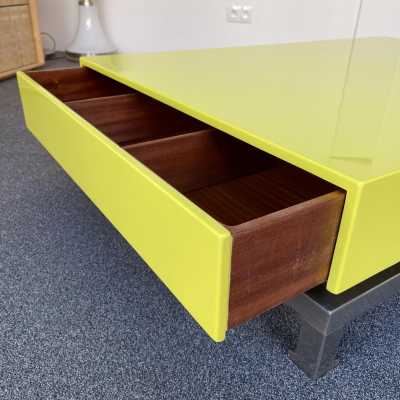 Coffee table with drawers in yellow lacquered wood and silver nickel-plated brass by Guy Lefèvre. France 1970 maison jansen willy rizzo mario sabot stainless steel chromed metal side tables