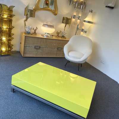 Coffee table with drawers in yellow lacquered wood and silver nickel-plated brass by Guy Lefèvre. France 1970 maison jansen willy rizzo mario sabot stainless steel chromed metal side tables