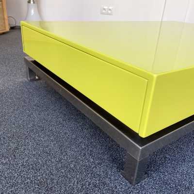 Coffee table with drawers in yellow lacquered wood and silver nickel-plated brass by Guy Lefèvre. France 1970 maison jansen willy rizzo mario sabot stainless steel chromed metal side tables