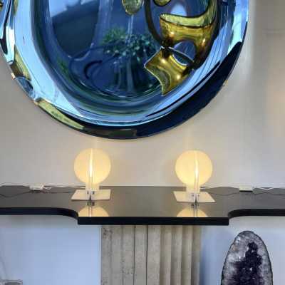 Pair of Sirio lamps in white methacrylate by Brazzoni Lampa for Harvey Guzzini. Italy 1970. in the style of Reggiani, Sciolari, Francesco Buzzi Ceriani, Stilnovo, Angelo Brotto for Esperia, Aldo Carlo Nason for Mazzega, Venini, Vistosi, La Murrina, Toni Zuccheri, Fontana Arte, Artemide, Arteluce, Arredoluce, Luigi Caccia Dominioni . mid-century lucite metal chrome chandelier sconces