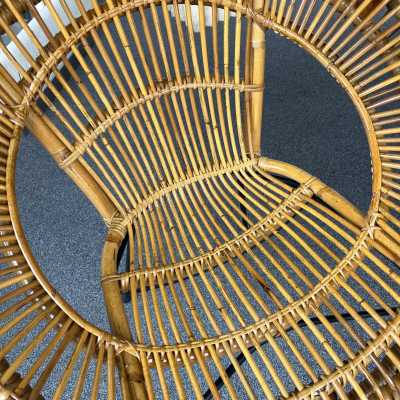 Pair of rattan and black lacquered metal armchairs. Italy 1950. design attributed to Janine Abraham. in the style of Roberto Mango, Mathieu Matégot, Vivai Del Sud, Maison Jansen, Maison et Jardin Gallery, Gio Ponti, Gianfranco Frattini, Cassina, Osvaldo Borsani, Joe Colombo, Vico Magistretti, Luisa Parisi, Mario Bellini, Tito Agnoli , Afra Tobia Carlo Scarpa, Luciano Frigerio, Sporiti, Marco Zanuso, Giulio Moscatelli, Formanova. mid-century sofa slipper chairs