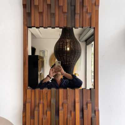 mirror wood brass bronze luciano frigerio italy 1970 1980 desio