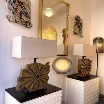 pair lamps sculpture gilded concrete bronze brass massimo lunari italy metal 1970