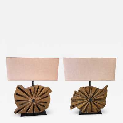 pair lamps sculpture gilded concrete bronze brass massimo lunari italy metal 1970