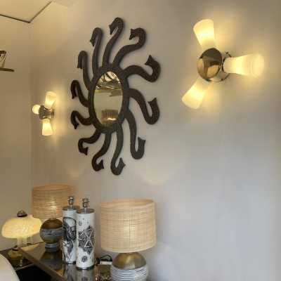 Pair of Helice glass and metal sconces. Italy 1990. in the style of Venini, La Murrina, Seguso, Carlo Aldo Nason, Poliarte, Esperia, Angelo Brotto, Stilnovo, Arteluce, Arredoluce, Artemide, Pierre Cardin, Lumi, Luci, Raak, Angelo Lelii, Francesco Bocola, Superstudio, Enrico Tronconi, Mario Bellini, Harvey Guzzini, Luigi Massoni, Martinelli, Fabio Lenci. lamps floor lamp chandelier suspension mid-century sconces