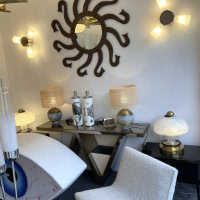 Pair of Helice glass and metal sconces. Italy 1990. in the style of Venini, La Murrina, Seguso, Carlo Aldo Nason, Poliarte, Esperia, Angelo Brotto, Stilnovo, Arteluce, Arredoluce, Artemide, Pierre Cardin, Lumi, Luci, Raak, Angelo Lelii, Francesco Bocola, Superstudio, Enrico Tronconi, Mario Bellini, Harvey Guzzini, Luigi Massoni, Martinelli, Fabio Lenci. lamps floor lamp chandelier suspension mid-century sconces
