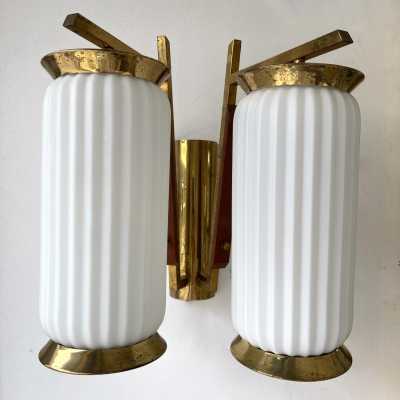 wall lights pair brass wood opal murano glass stilnovo arredoluce arteluce italy 1950 1960