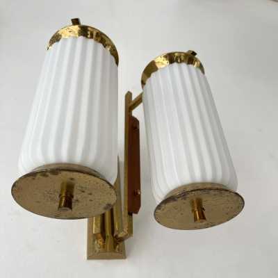 wall lights pair brass wood opal murano glass stilnovo arredoluce arteluce italy 1950 1960