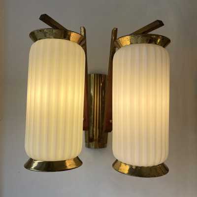 wall lights pair brass wood opal murano glass stilnovo arredoluce arteluce italy 1950 1960