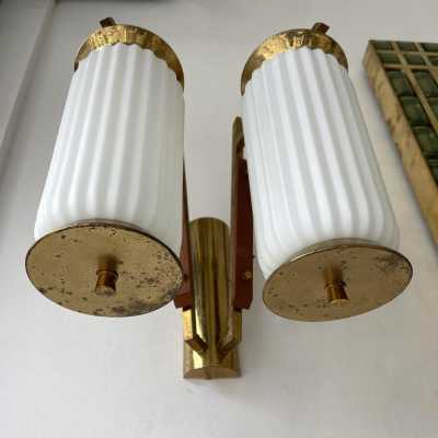 wall lights pair brass wood opal murano glass stilnovo arredoluce arteluce italy 1950 1960