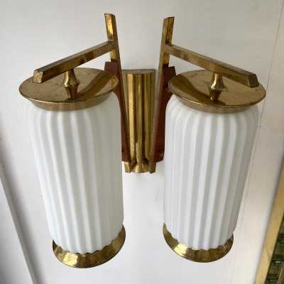 wall lights pair brass wood opal murano glass stilnovo arredoluce arteluce italy 1950 1960