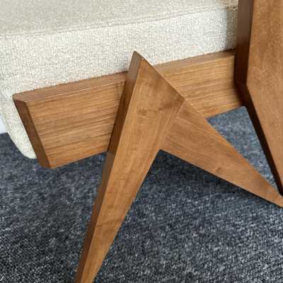 Pair of wooden compass feet armchairs. Italy 1960. Design attributed to Augusto Romano. A conservative restoration was carried out. In the style of Pierre Jeanneret, Chandigarh, Le Corbusier, Jean Prouvé, Charlotte Perriand, Jean Royère, Gio Ponti. mid-century modern chairs sofa