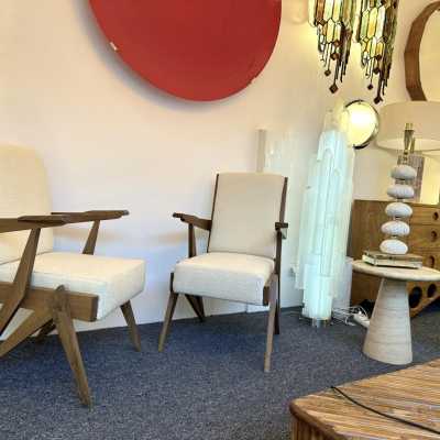 Pair of wooden compass feet armchairs. Italy 1960. Design attributed to Augusto Romano. A conservative restoration was carried out. In the style of Pierre Jeanneret, Chandigarh, Le Corbusier, Jean Prouvé, Charlotte Perriand, Jean Royère, Gio Ponti. mid-century modern chairs sofa
