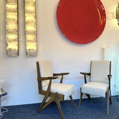 Pair of wooden compass feet armchairs. Italy 1960. Design attributed to Augusto Romano. A conservative restoration was carried out. In the style of Pierre Jeanneret, Chandigarh, Le Corbusier, Jean Prouvé, Charlotte Perriand, Jean Royère, Gio Ponti. mid-century modern chairs sofa