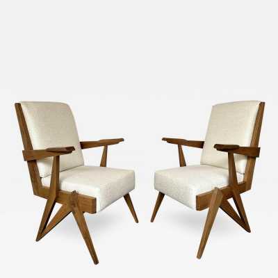 Pair of wooden compass feet armchairs. Italy 1960. Design attributed to Augusto Romano. A conservative restoration was carried out. In the style of Pierre Jeanneret, Chandigarh, Le Corbusier, Jean Prouvé, Charlotte Perriand, Jean Royère, Gio Ponti. mid-century modern chairs sofa