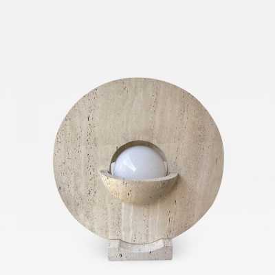 Mid-Century Totem table lamp in travertine and opaline glass. Italy 1970. design in the style of Targetti Sankey, Sciolari, Francesco Buzzi Ceriani, Stilnovo, Angelo Brotto for Esperia, Aldo Carlo Nason for Mazzega, Venini, Vistosi, La Murrina, Toni Zuccheri, Fontana Arte, Artemide, Arteluce, Arredoluce, Luigi Caccia Dominioni, Stilux. sconces chandelier floor lamp suspension
