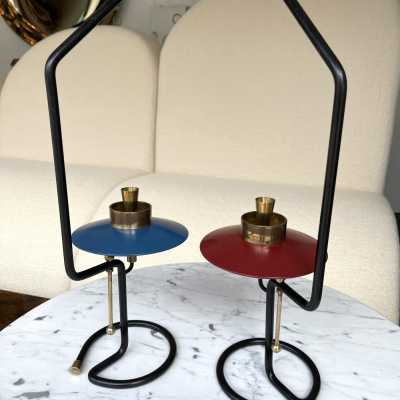 paire bougeoirs annee 1950 1960 italie metal laqué laiton