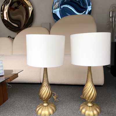pair lamps murano golden glass brass bronze venini italy 1960 1970