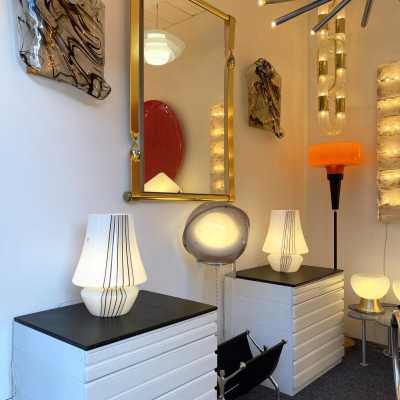 Pair of striped murano glass table lamps. Italy 1970. in the style of Venini, Vistosi, Veronese, La Murrina, Stilux, Aldo Carlo Nason, Stilnovo, Joe Colombo, Arteluce, Arredoluce, Italian design Lumi, Luci, Rggiani, Sciolari, Werner Pantone, Luigi Colani, Raak, Angelo Lelii, Angelo Brotto, Esperia, Francesco Bocola, Superstudio, Enrico Tronconi, Mario Bellini, Harvey Guzzini, Luigi Massoni, Martinelli, Pierre Cardin, Fabio Lenci, Gio Ponti. brass mid-century floor lamp