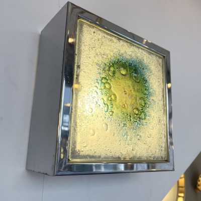 Pair of box sconces in stainless steel and bubbled glass. Holland 1970. design attributed to Raak. in the style of Venini, Vistosi, La Murrina, Seguso, Aldo Nason, Poliarte, Esperia, Angelo Brotto, Stilnovo, Arteluce, Arredoluce, Artemide, Pierre Cardin, Lumi, Luci, Angelo Lelii, Francesco Bocola, Superstudio, Enrico Tronconi, Mario Bellini, Harvey Guzzini, Luigi Massoni, Martinelli, Fabio Lenci. mid-century lamps floor lamp chandelier brass murano glass