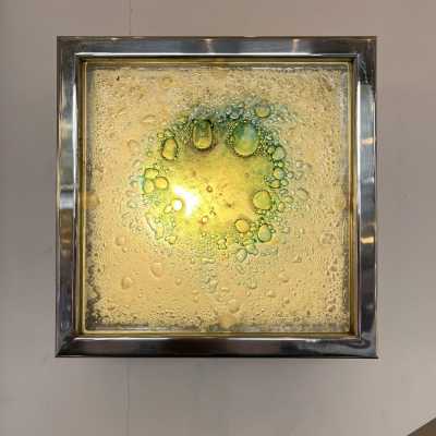 Pair of box sconces in stainless steel and bubbled glass. Holland 1970. design attributed to Raak. in the style of Venini, Vistosi, La Murrina, Seguso, Aldo Nason, Poliarte, Esperia, Angelo Brotto, Stilnovo, Arteluce, Arredoluce, Artemide, Pierre Cardin, Lumi, Luci, Angelo Lelii, Francesco Bocola, Superstudio, Enrico Tronconi, Mario Bellini, Harvey Guzzini, Luigi Massoni, Martinelli, Fabio Lenci. mid-century lamps floor lamp chandelier brass murano glass