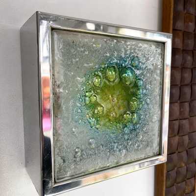 Pair of box sconces in stainless steel and bubbled glass. Holland 1970. design attributed to Raak. in the style of Venini, Vistosi, La Murrina, Seguso, Aldo Nason, Poliarte, Esperia, Angelo Brotto, Stilnovo, Arteluce, Arredoluce, Artemide, Pierre Cardin, Lumi, Luci, Angelo Lelii, Francesco Bocola, Superstudio, Enrico Tronconi, Mario Bellini, Harvey Guzzini, Luigi Massoni, Martinelli, Fabio Lenci. mid-century lamps floor lamp chandelier brass murano glass