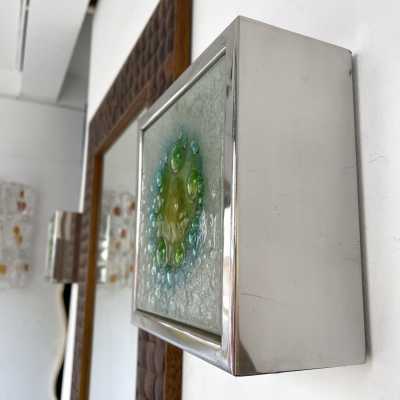 Pair of box sconces in stainless steel and bubbled glass. Holland 1970. design attributed to Raak. in the style of Venini, Vistosi, La Murrina, Seguso, Aldo Nason, Poliarte, Esperia, Angelo Brotto, Stilnovo, Arteluce, Arredoluce, Artemide, Pierre Cardin, Lumi, Luci, Angelo Lelii, Francesco Bocola, Superstudio, Enrico Tronconi, Mario Bellini, Harvey Guzzini, Luigi Massoni, Martinelli, Fabio Lenci. mid-century lamps floor lamp chandelier brass murano glass