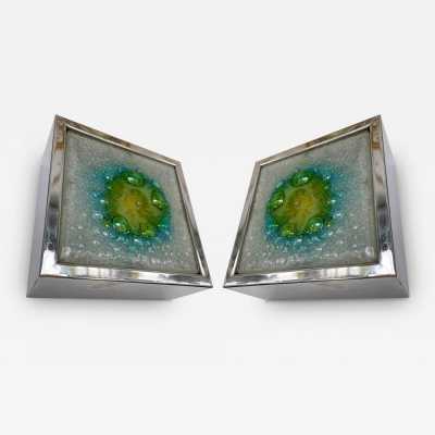 Pair of box sconces in stainless steel and bubbled glass. Holland 1970. design attributed to Raak. in the style of Venini, Vistosi, La Murrina, Seguso, Aldo Nason, Poliarte, Esperia, Angelo Brotto, Stilnovo, Arteluce, Arredoluce, Artemide, Pierre Cardin, Lumi, Luci, Angelo Lelii, Francesco Bocola, Superstudio, Enrico Tronconi, Mario Bellini, Harvey Guzzini, Luigi Massoni, Martinelli, Fabio Lenci. mid-century lamps floor lamp chandelier brass murano glass