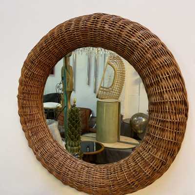 round mirror pair rattan bamboo italy 1970