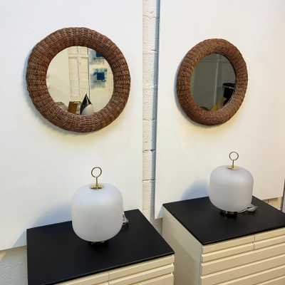 round mirror pair rattan bamboo italy 1970