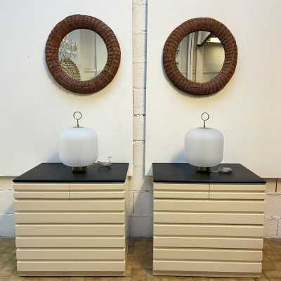 round mirror pair rattan bamboo italy 1970