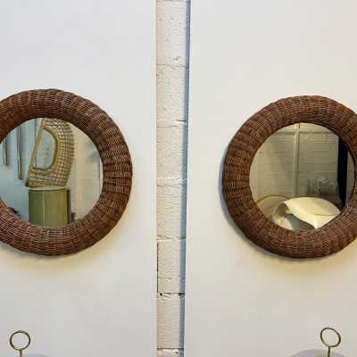 round mirror pair rattan bamboo italy 1970
