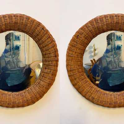 round mirror pair rattan bamboo italy 1970