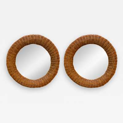 round mirror pair rattan bamboo italy 1970