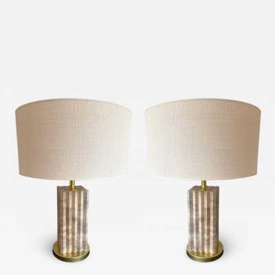 Pair of travertine and brass lamps. Italy 1990 in the style of the 1970s.