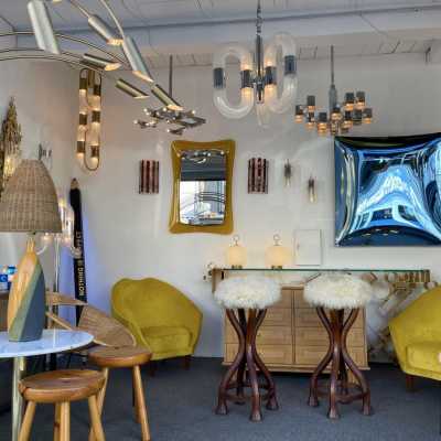Pair of bar stools in wood and sheepskin. italy 1970 in Art Nouveau style, Art Deco 1940, 1950, 1960, Mid-Century Modern mood. armchairs chairs poufs table side tables lamps floor lamp sconces