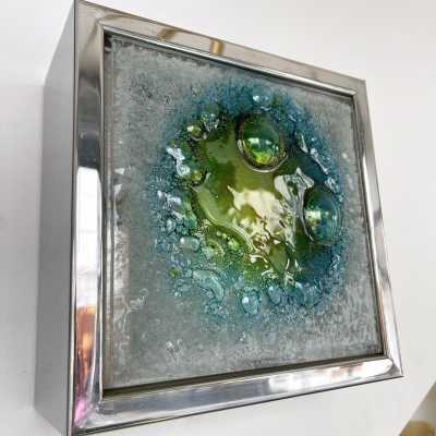 Pair of box sconces in stainless steel and bubbled glass. Holland 1970. design attributed to Raak. in the style of Venini, Vistosi, La Murrina, Seguso, Aldo Nason, Poliarte, Esperia, Angelo Brotto, Stilnovo, Arteluce, Arredoluce, Artemide, Pierre Cardin, Lumi, Luci, Angelo Lelii, Francesco Bocola, Superstudio, Enrico Tronconi, Mario Bellini, Harvey Guzzini, Luigi Massoni, Martinelli, Fabio Lenci. mid-century lamps floor lamp chandelier brass murano glass