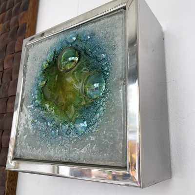 Pair of box sconces in stainless steel and bubbled glass. Holland 1970. design attributed to Raak. in the style of Venini, Vistosi, La Murrina, Seguso, Aldo Nason, Poliarte, Esperia, Angelo Brotto, Stilnovo, Arteluce, Arredoluce, Artemide, Pierre Cardin, Lumi, Luci, Angelo Lelii, Francesco Bocola, Superstudio, Enrico Tronconi, Mario Bellini, Harvey Guzzini, Luigi Massoni, Martinelli, Fabio Lenci. mid-century lamps floor lamp chandelier brass murano glass